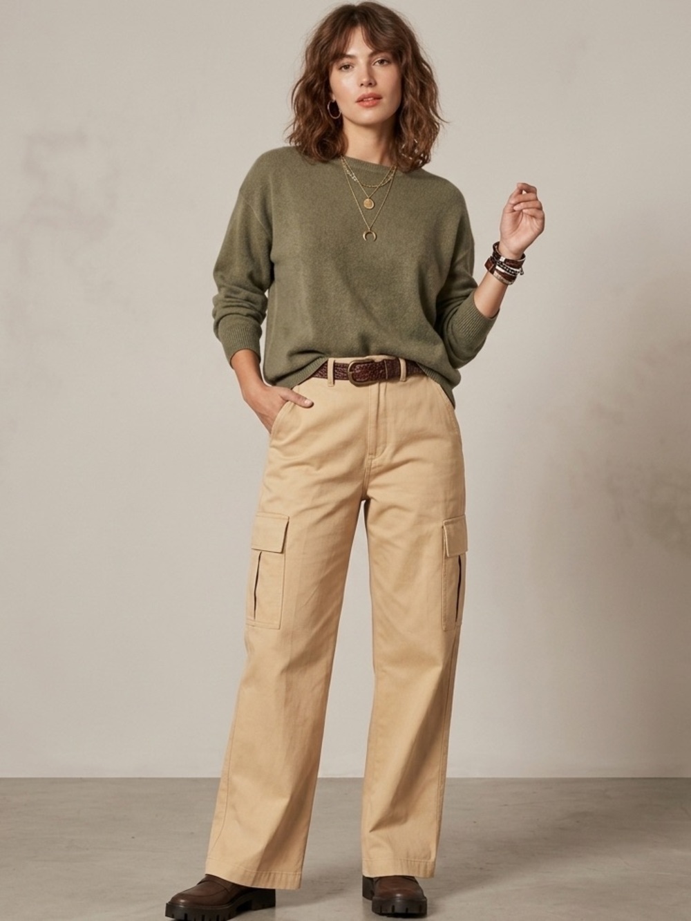 Boyish The COBAIN Womens Cargo Wide Leg Pants Sz 26 in THE CROWD KHAKI